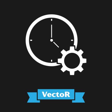 Beyaz Zaman Yönetimi simgesi siyah arkaplanda izole edildi. Saat ve vites tabelası. Üretkenlik sembolü. Vektör İllüstrasyonu