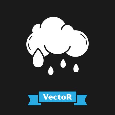 Siyah arkaplanda izole edilmiş yağmur ikonu olan beyaz bulut. Yağmur damlaları ile yağmur bulutu yağışı. Vektör İllüstrasyonu