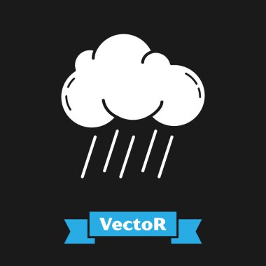 Siyah arkaplanda izole edilmiş yağmur ikonu olan beyaz bulut. Yağmur damlaları ile yağmur bulutu yağışı. Vektör İllüstrasyonu