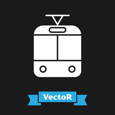 Beyaz tramvay ve demiryolu ikonu siyah arka planda izole edildi. Toplu taşıma sembolü. Vektör İllüstrasyonu