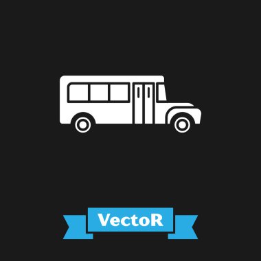 Beyaz Okul Otobüsü simgesi siyah arkaplanda izole edildi. Toplu taşıma sembolü. Vektör İllüstrasyonu