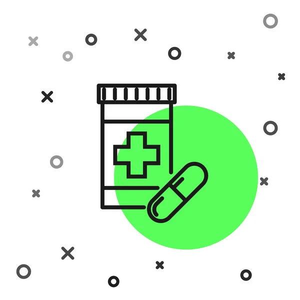 Μαύρη γραμμή μπουκάλι φάρμακο και χάπια εικονίδιο απομονώνονται σε λευκό φόντο. Πινακίδα χαπιού. Σχεδιασμός φαρμακείου. Εικονογράφηση διανύσματος — Διανυσματικό Αρχείο