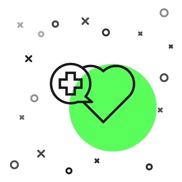 Corazón de línea negra con un icono de cruz aislado sobre fondo blanco. Primeros auxilios. Signo de atención sanitaria, médica y farmacia. Ilustración vectorial — Vector de stock