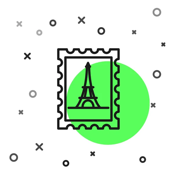 Linha preta Carimbo postal e ícone da torre Eiffel isolado no fundo branco. Ilustração vetorial — Vetor de Stock