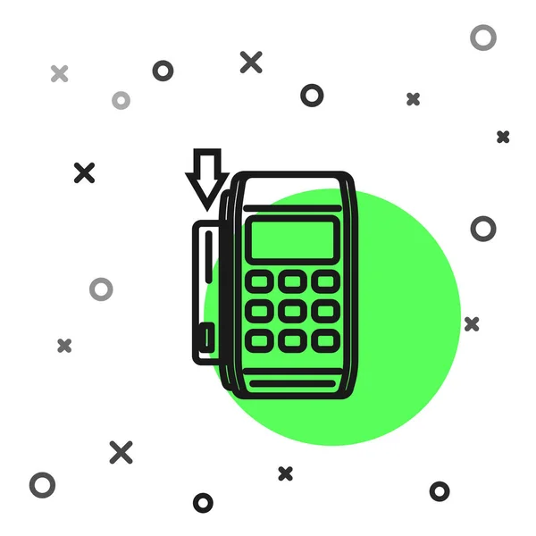 Ligne noire Terminal Pos avec icône de carte de crédit insérée isolé sur fond blanc. Transaction de terminal de paiement. Payez par carte. Illustration vectorielle — Image vectorielle