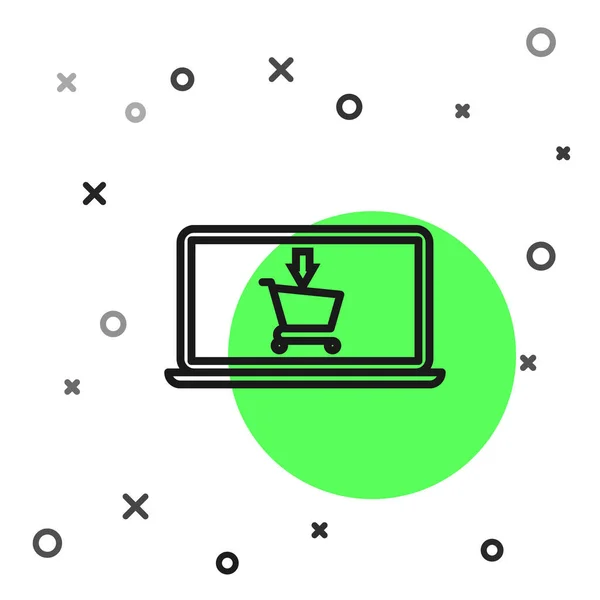 Schwarze Linie Warenkorb auf dem Bildschirm Laptop-Symbol isoliert auf weißem Hintergrund. Konzept E-Commerce, E-Business, Online Business Marketing. Vektorillustration — Stockvektor