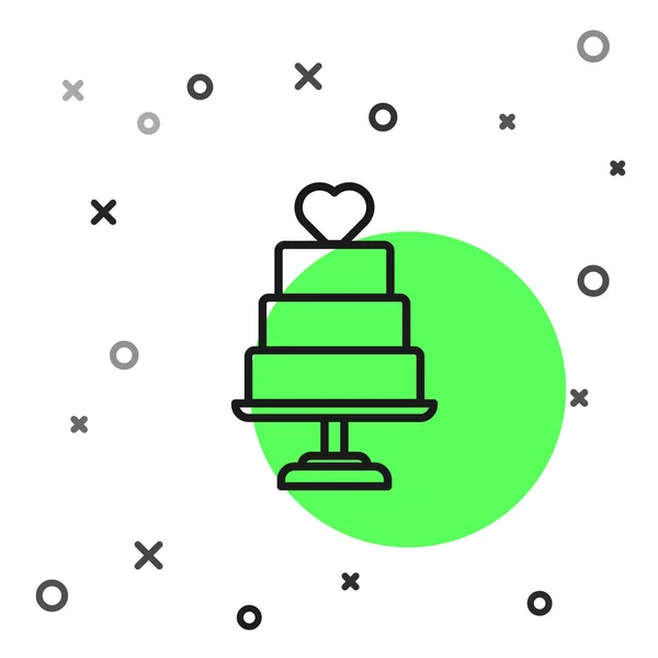 Línea negra Pastel de boda con icono del corazón aislado sobre fondo blanco. Ilustración vectorial — Vector de stock