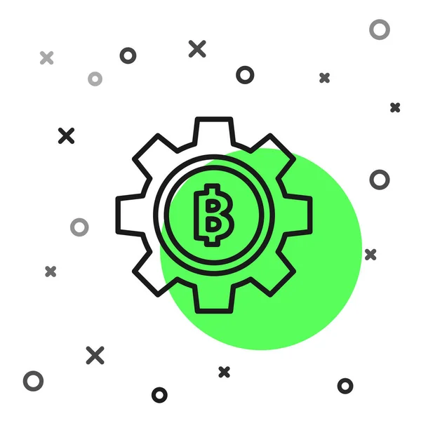 Linha preta Criptomoeda moeda ícone Bitcoin isolado no fundo branco. Configuração de engrenagem e Bitcoin. Blockchain baseado em moeda criptomoeda segura. Ilustração vetorial —  Vetores de Stock
