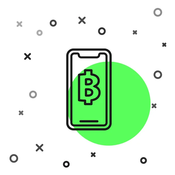 Zwarte line telefoon mobiele en cryptogeld Coin Bitcoin pictogram geïsoleerd op witte achtergrond. Fysieke bit munt. Blockchain gebaseerde Secure crypto-valuta. Vector illustratie — Stockvector