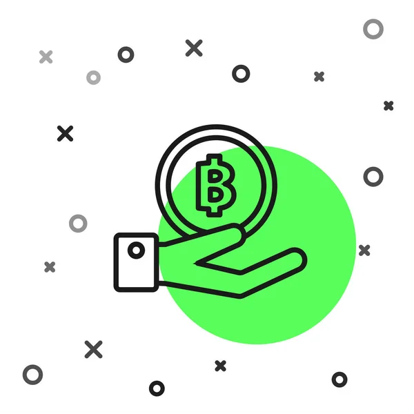 Zwarte lijn hand houden Bitcoin pictogram geïsoleerd op witte achtergrond. Blockchain-technologie, digitale geldmarkt, cryptocoin wallet. Vector illustratie — Stockvector