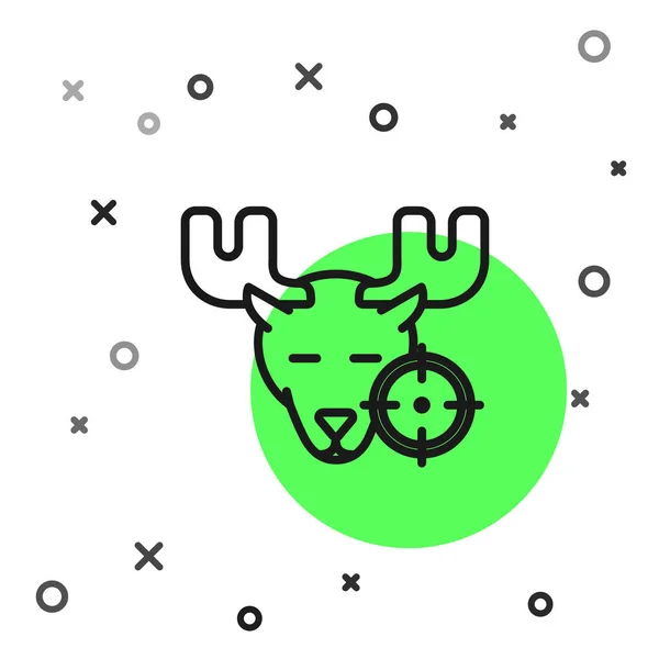 黑色线亨特在驼鹿与十字线图标隔离在白色背景。狩猎俱乐部标志与驼鹿和目标。瞄准驼鹿的步枪镜头。矢量插图 — 图库矢量图片