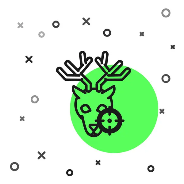 Черная линия Охота на оленя с прицелом значок изолирован на белом фоне. Логотип охотничьего клуба с оленем и целью. Стрелковый объектив, нацеленный на оленя. Векторная миграция — стоковый вектор