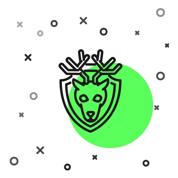 Ligne noire Tête de cerf avec bois sur l'icône du bouclier isolé sur fond blanc. Trophée de chasse au mur. Illustration vectorielle — Image vectorielle