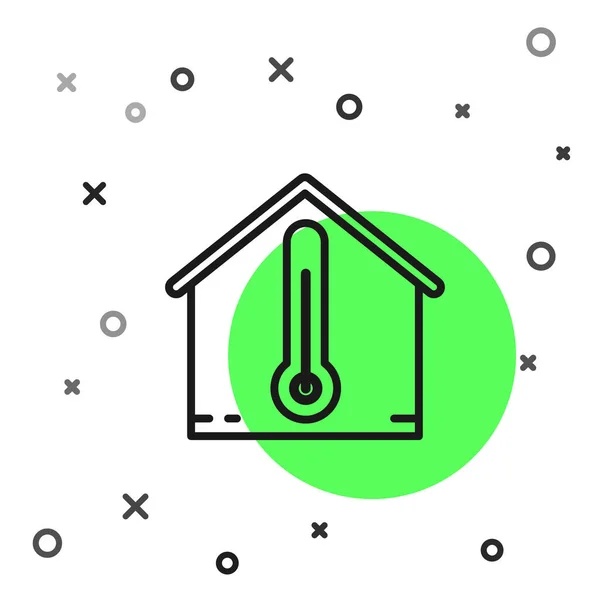 Zwarte lijn huis temperatuur pictogram geïsoleerd op witte achtergrond. Thermometer icoon. Vector illustratie — Stockvector