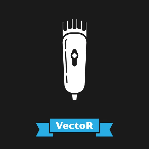 Weiße elektrische Haarschneidemaschine oder Rasierer Symbol isoliert auf schwarzem Hintergrund. Barbershop-Symbol. Vektorillustration — Stockvektor