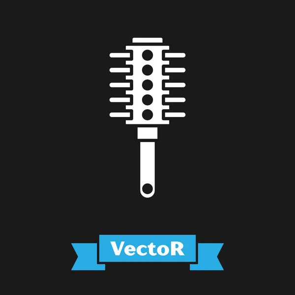 Icono del cepillo de pelo blanco aislado sobre fondo negro. Señal de peine. Símbolo de barbero. Ilustración vectorial — Vector de stock