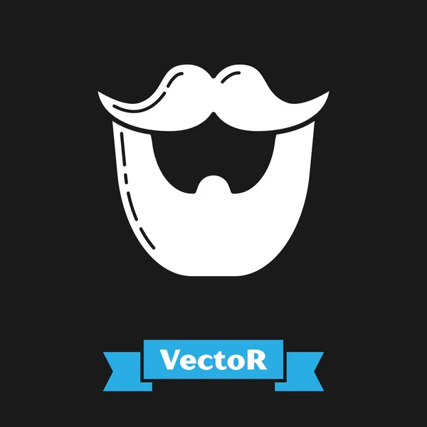 Icono de bigote blanco y barba aislado sobre fondo negro. Símbolo de barbería. Estilo de pelo facial. Ilustración vectorial — Vector de stock