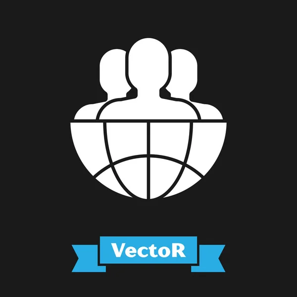 White Globe and people icon isolated on black background. Global business symbol. Social network icon. Vector Illustration — ストックベクタ
