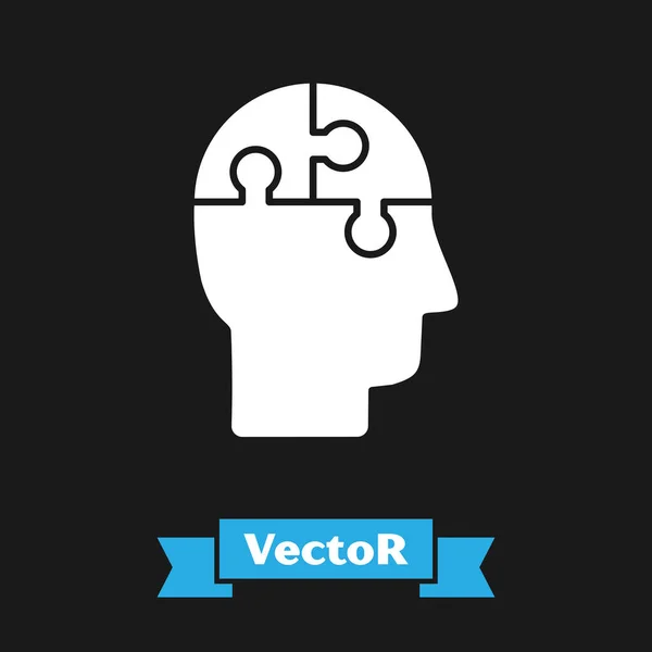 Icona di strategia puzzle testa umana bianca isolata su sfondo nero. Segno di cervello pensante. Simbolo del cervello. Illustrazione vettoriale — Vettoriale Stock