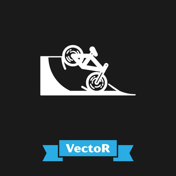 Weißes Fahrrad auf Straßenrampe Symbol isoliert auf schwarzem Hintergrund. Skatepark. Extremsport. Sportgeräte. Vektorillustration — Stockvektor