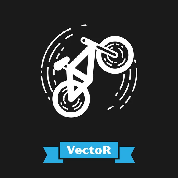 White Bicycle trick icon isolated on black background. Bike race. Extreme sport. Sport equipment. Vector Illustration — Stock Vector