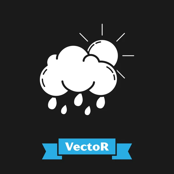 Nuvola Bianca con icona pioggia e sole isolata su sfondo nero. Pioggia precipitazioni nuvolose con gocce di pioggia. Illustrazione vettoriale — Vettoriale Stock