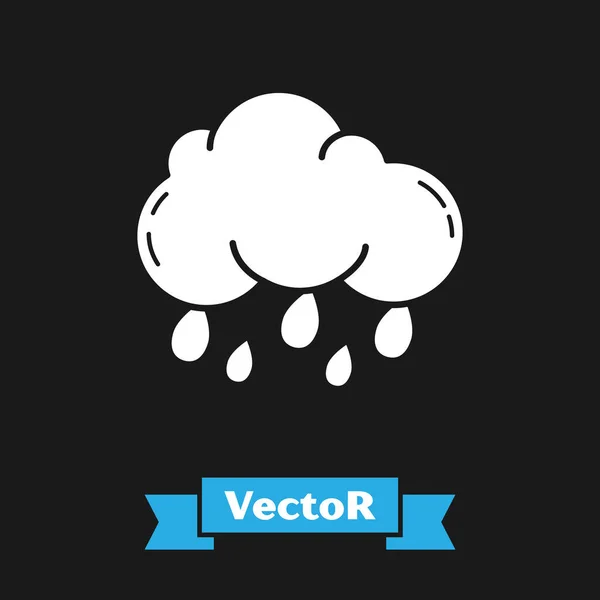 Nuvola Bianca con icona pioggia isolata su sfondo nero. Pioggia precipitazioni nuvolose con gocce di pioggia. Illustrazione vettoriale — Vettoriale Stock