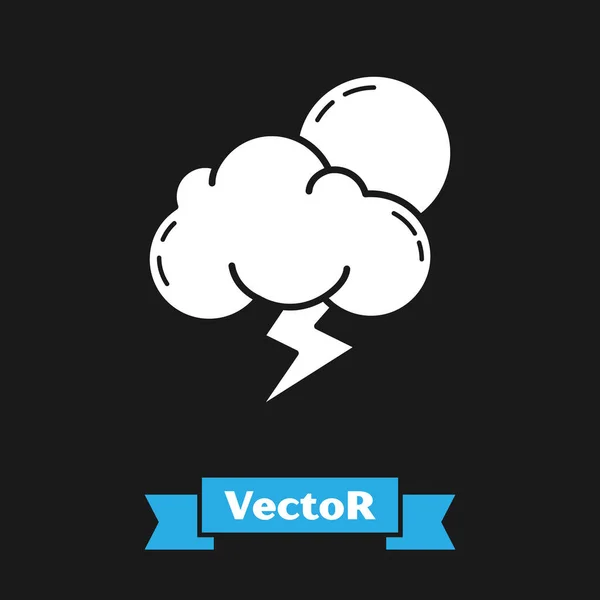 Weißes Sturmsymbol isoliert auf schwarzem Hintergrund. Wolke mit Blitz und Sonnenzeichen. Wetter-Ikone Sturm. Vektorillustration — Stockvektor