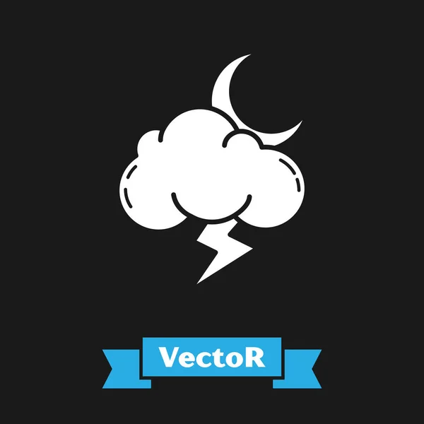Weißes Sturmsymbol isoliert auf schwarzem Hintergrund. Wolke mit Blitz und Mondzeichen. Wetter-Ikone Sturm. Vektorillustration — Stockvektor