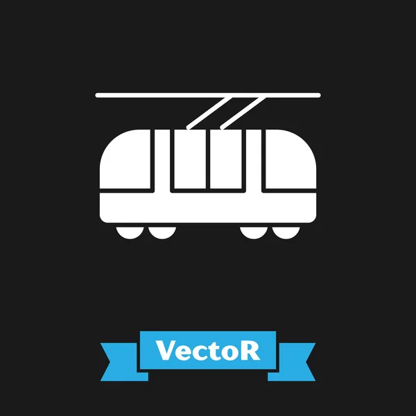 Weiße Straßenbahn- und Eisenbahnsymbole isoliert auf schwarzem Hintergrund. Symbol für den öffentlichen Nahverkehr. Vektorillustration — Stockvektor
