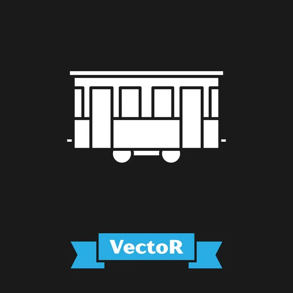 Weiße alte Straßenbahn-Ikone isoliert auf schwarzem Hintergrund. Symbol für den öffentlichen Nahverkehr. Vektorillustration — Stockvektor