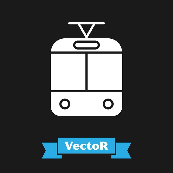 Tranvía blanco e icono del ferrocarril aislado sobre fondo negro. Símbolo de transporte público. Ilustración vectorial — Vector de stock