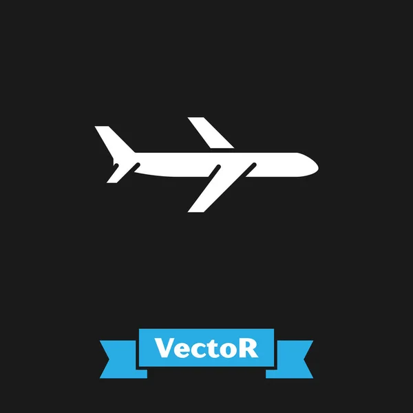 Ícone de plano branco isolado no fundo preto. Ícone de avião voador. Sinal de avião. Ilustração vetorial — Vetor de Stock