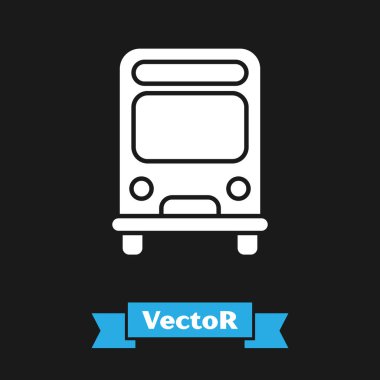 Siyah arka planda izole beyaz otobüs simgesi. Ulaşım konsepti. Otobüs turu taşıma işareti. Turizm veya kamu araç sembolü. Vektör Illustration