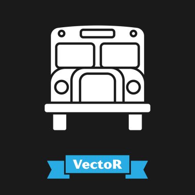 Beyaz Okul Otobüsü simgesi siyah arkaplanda izole edildi. Toplu taşıma sembolü. Vektör İllüstrasyonu