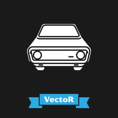 Beyaz araba simgesi siyah arkaplanda izole edildi. Ön manzara. Vektör İllüstrasyonu