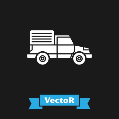 Beyaz kargo kamyonu ikonu siyah arka planda izole edildi. Vektör İllüstrasyonu