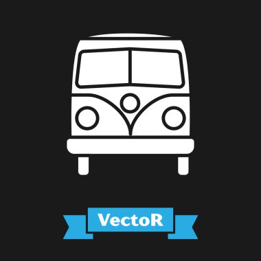 Beyaz Retro minivan simgesi siyah arkaplanda izole edildi. Eski klasik seyahat minibüsü. Vektör İllüstrasyonu