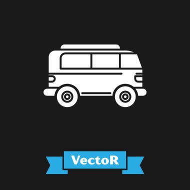 Beyaz Retro minivan simgesi siyah arkaplanda izole edildi. Eski klasik seyahat minibüsü. Vektör İllüstrasyonu