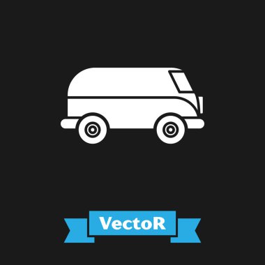 Beyaz Retro minivan simgesi siyah arkaplanda izole edildi. Eski klasik seyahat minibüsü. Vektör İllüstrasyonu