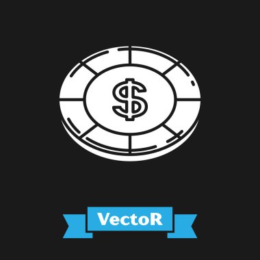 Siyah arka planda dolar sembolü olan beyaz kumarhane çipi. Kumarhane kumarı. Vektör İllüstrasyonu