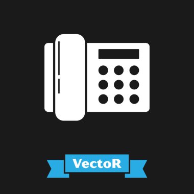 Beyaz Telefon simgesi siyah arkaplanda izole edildi. Sabit telefon. Vektör İllüstrasyonu