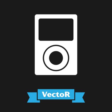 Beyaz müzik çalar simgesi siyah arkaplanda izole edildi. Taşınabilir müzik cihazı. Vektör İllüstrasyonu