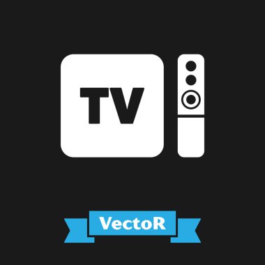 Beyaz Çokluortam ve TV kutusu alıcısı ve uzaktan kumanda simgesine sahip oyuncu siyah arkaplanda izole edildi. Vektör İllüstrasyonu