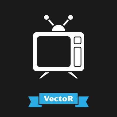 Siyah arkaplanda beyaz televizyon simgesi izole edildi. Televizyon tabelası. Vektör İllüstrasyonu