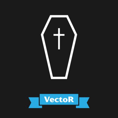 Beyaz Tabut ve Hıristiyan haç simgesi siyah arka planda izole edilmiş. Mutlu Cadılar Bayramı Partisi. Vektör İllüstrasyonu