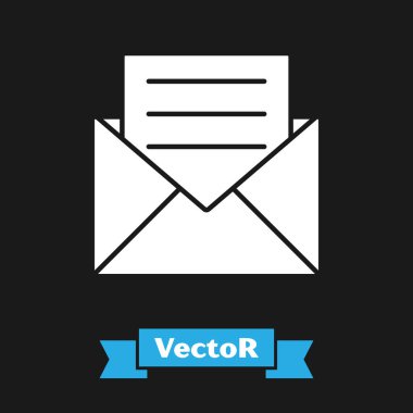 Siyah arkaplanda izole edilmiş davetiye kartı simgesi olan beyaz zarf. Vektör İllüstrasyonu