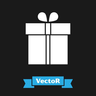 Siyah arka planda yalıtılmış Beyaz Hediye kutusu simgesi. Vektör İllüstrasyonu