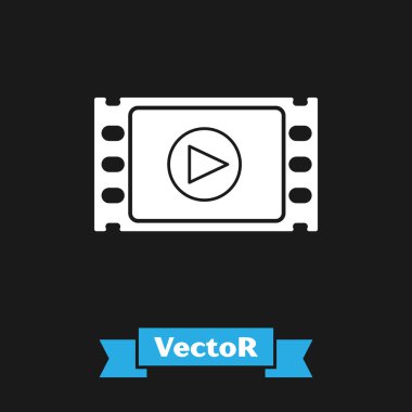 Siyah arkaplanda White Play Video simgesi izole edildi. Oyun işaretli film şeridi. Vektör İllüstrasyonu