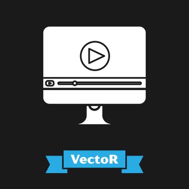 Siyah arkaplanda White Online video oynatma simgesi izole edildi. Bilgisayar monitörü ve oyun işaretli film şeridi. Vektör İllüstrasyonu